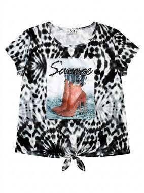 🔺️Black Tie Dye Savage Heels Graphic Cropped Short Sleeve Top Large